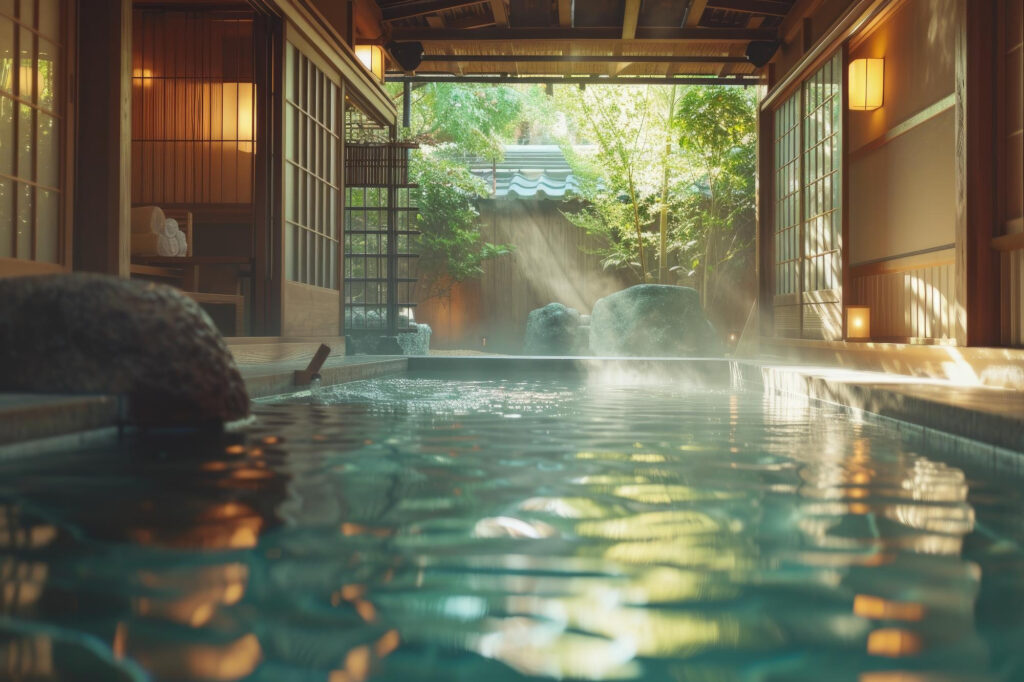 日本のオンセンリョーカン (onsen ryokan) は地熱温泉の温水を利用した日本のオープンエア風呂です